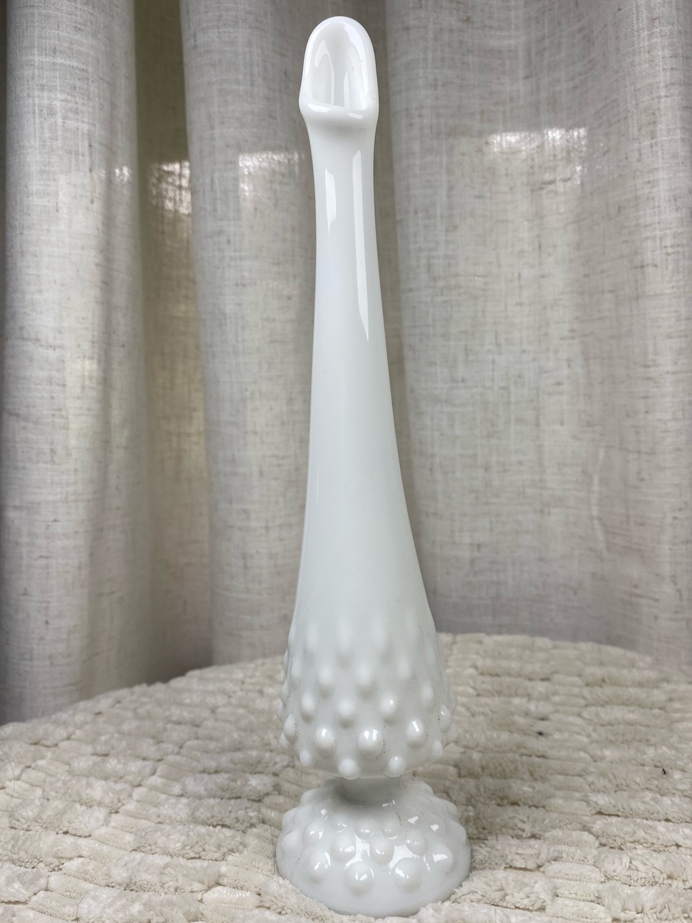 Fenton 1970s White Hobnail Swung Bud Vase 10.5” Vintage Milk Glass Art #3756